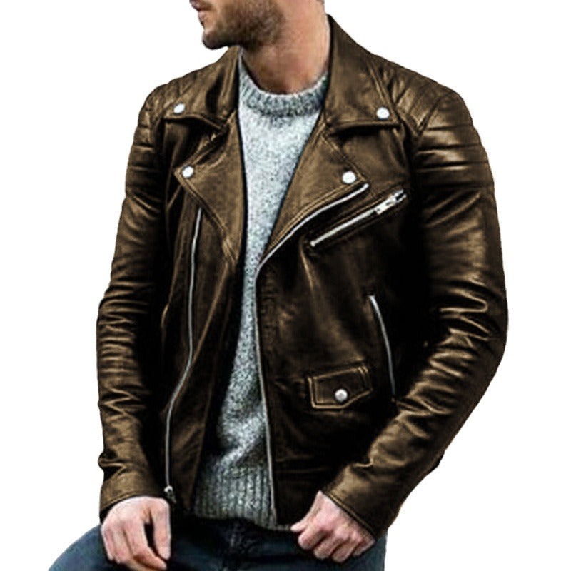 Men's Biker Leather Jacket with Asymmetrical Zipper and Quilted Shoulder Area Mune Fashion