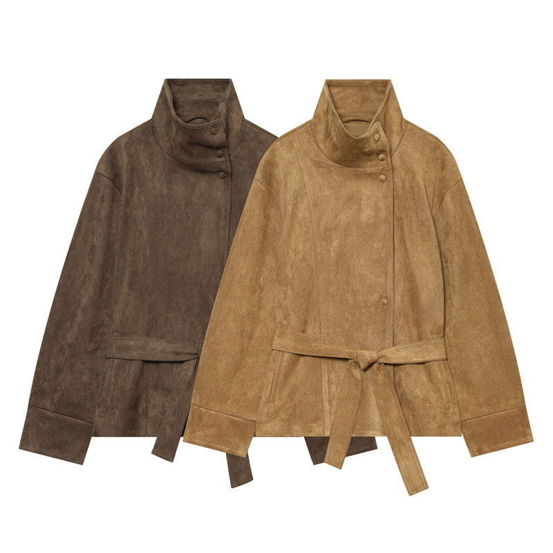 Women's short jacket in boxy cut made of suede look with high stand-up collar and tie belt Mune Fashion