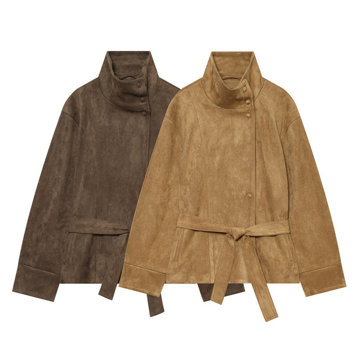 Women's short jacket in boxy cut made of suede look with high stand-up collar and tie belt Mune Fashion