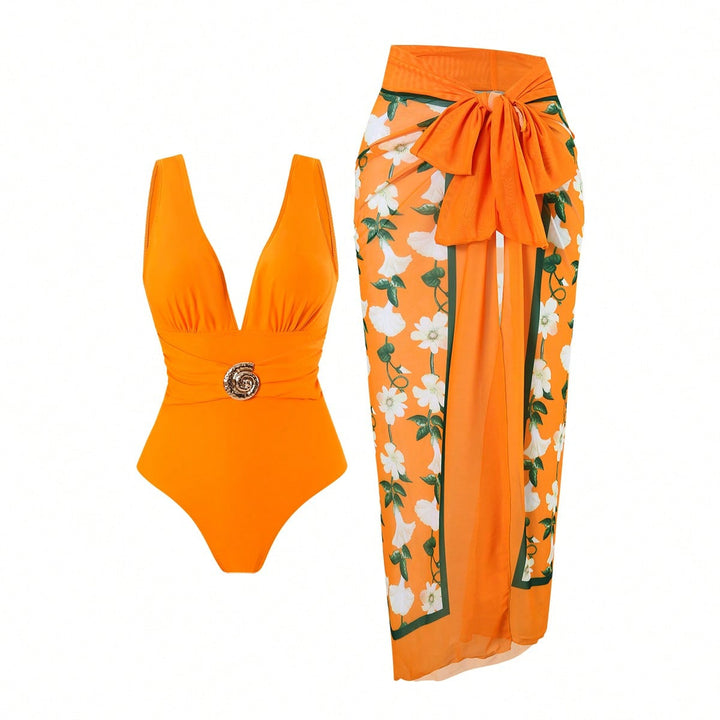 Women's swimsuit with feminine wrap skirt and elegant jewelry detail Mune Fashion