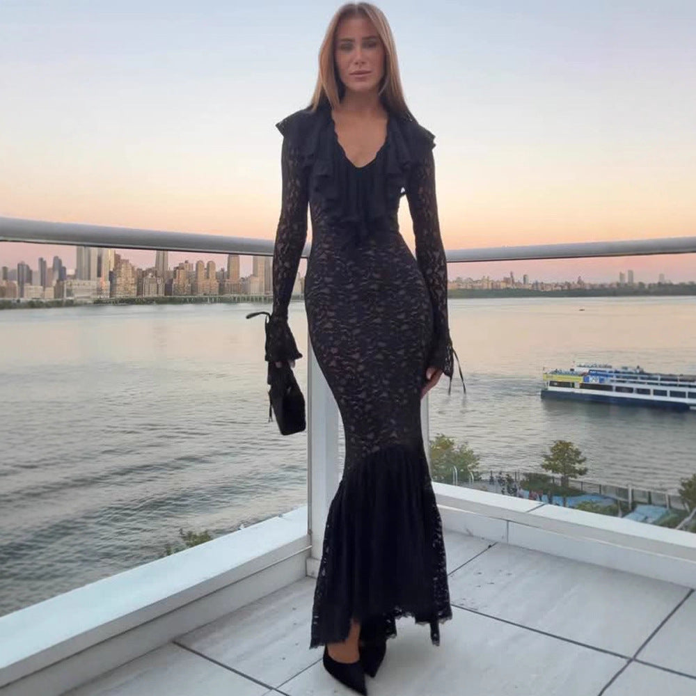 Women's Fitted Lace Maxi Dress with Ruffle Collar and Bell Hem Mune Fashion