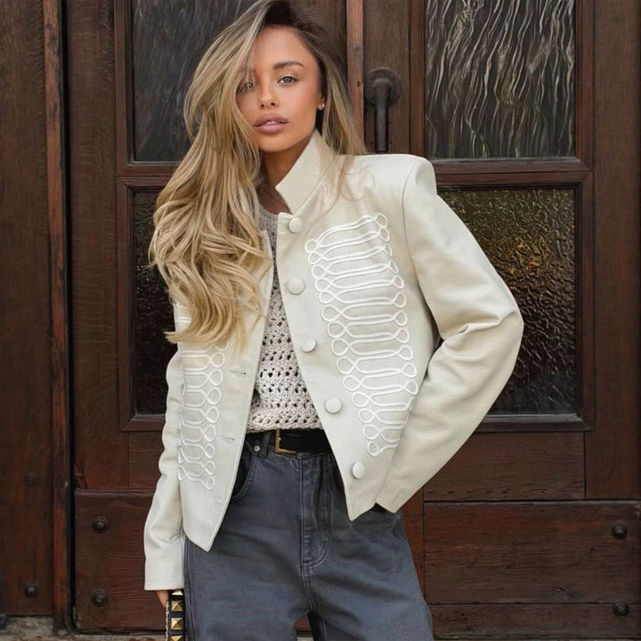 Women's short jacket in military style with decorative cord embellishment and stand-up collar Mune Fashion