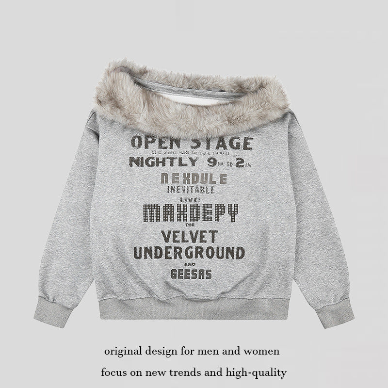Women's oversized sweatshirt with faux fur collar, soft inner lining and typographic statement print Mune Fashion