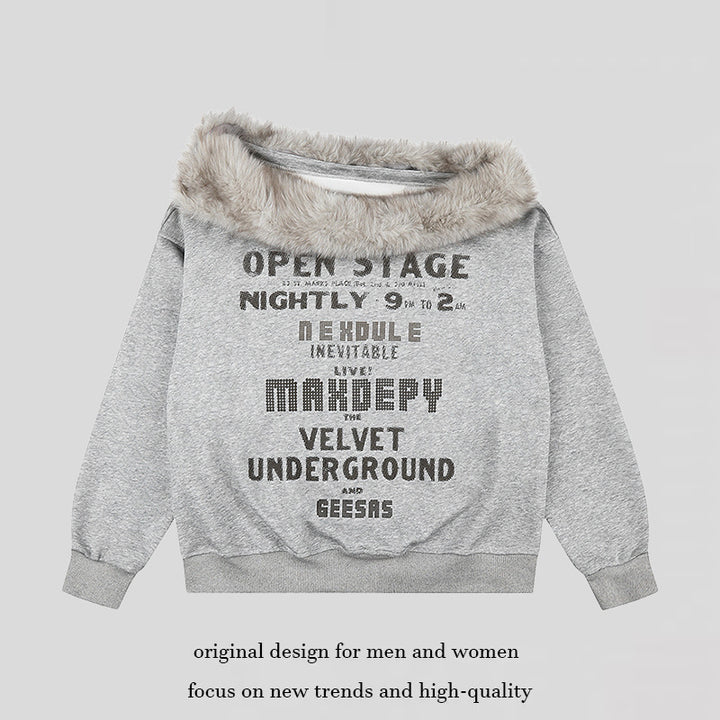 Women's oversized sweatshirt with faux fur collar, soft inner lining and typographic statement print Mune Fashion
