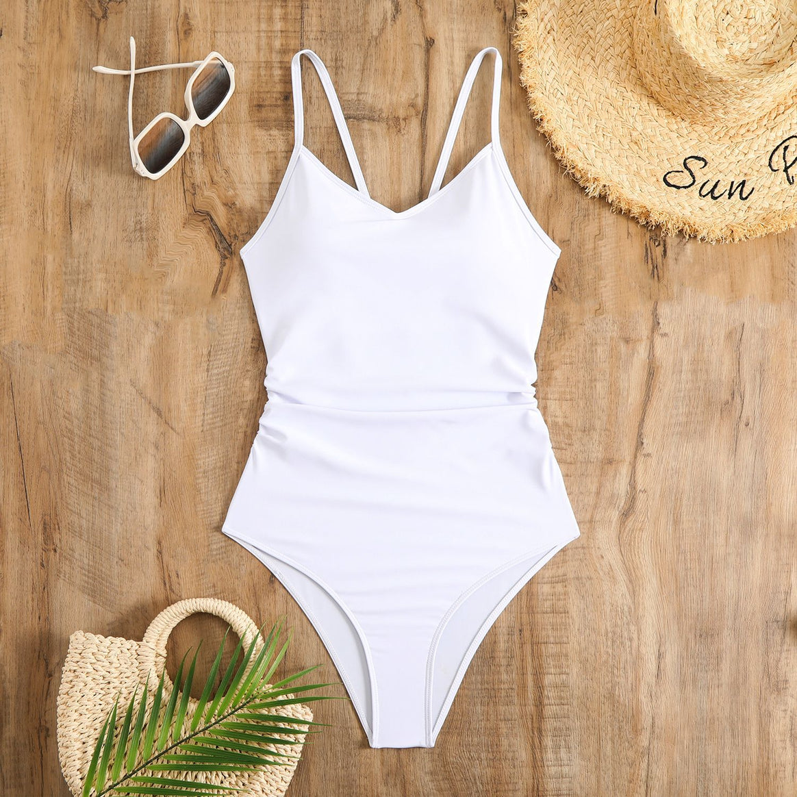 Women’s one-piece swimsuit with stylish ruched top and adjustable spaghetti straps Mune Fashion