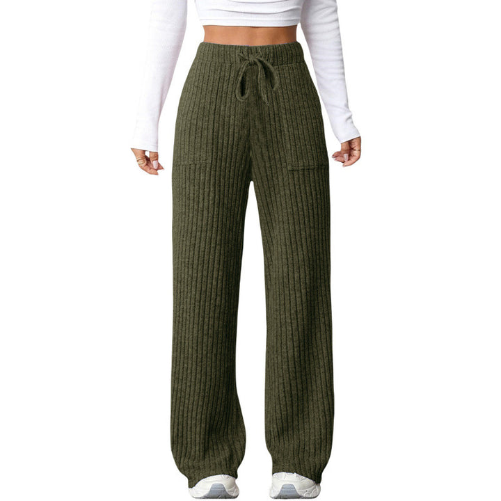 Ladies Wide Ribbed Lounge Pants with Drawstring and Patch Pockets Mune Fashion