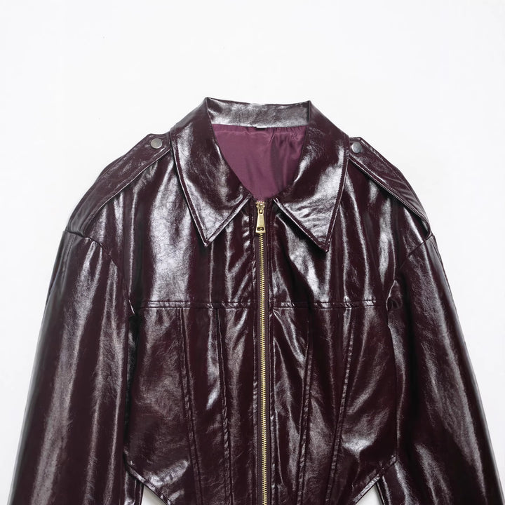 Women's Cropped Patent Leather Look Biker Jacket with Oversized Sleeves, Epaulettes and Continuous Front Zip Mune Fashion