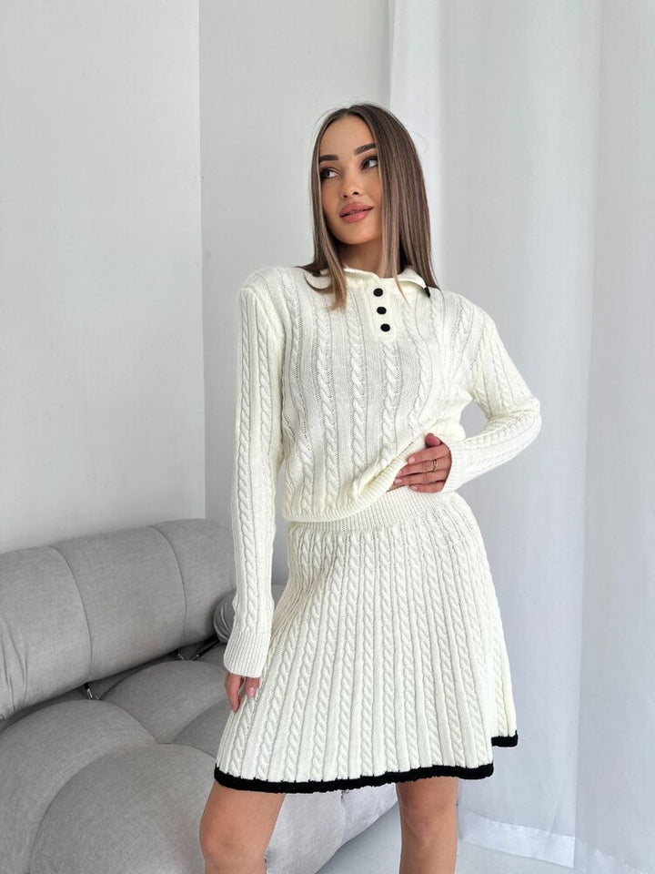 Women's knitted cable set with polo collar and flared A-line skirt Mune Fashion