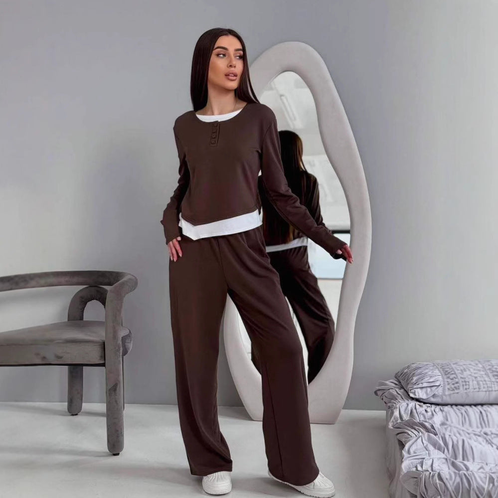 Women's loungewear set made of soft modal with Henley button placket and wide high-waist lounge pants Mune Fashion