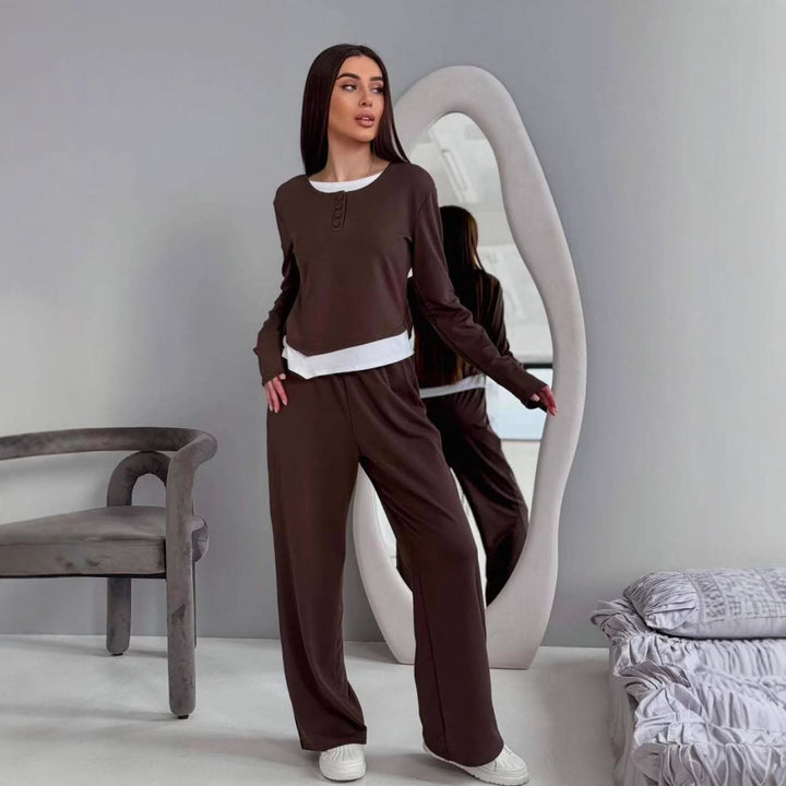 Women's loungewear set made of soft modal with Henley button placket and wide high-waist lounge pants Mune Fashion