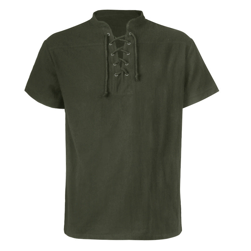 Men's casual short-sleeve shirt with laced V-neck, short stand-up collar, and soft cotton blend Mune Fashion