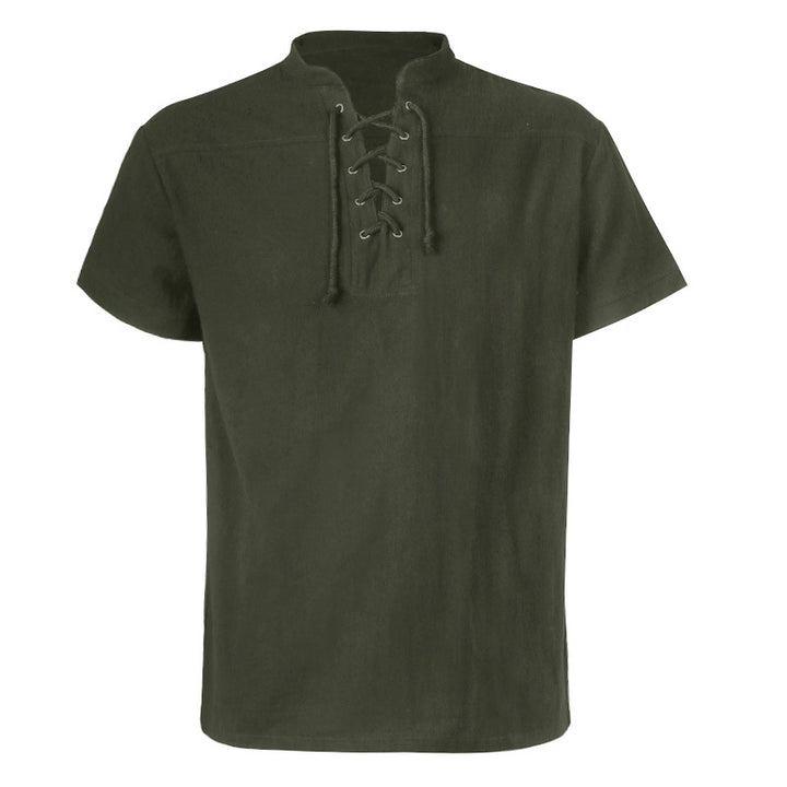 Men's casual short-sleeve shirt with laced V-neck, short stand-up collar, and soft cotton blend Mune Fashion