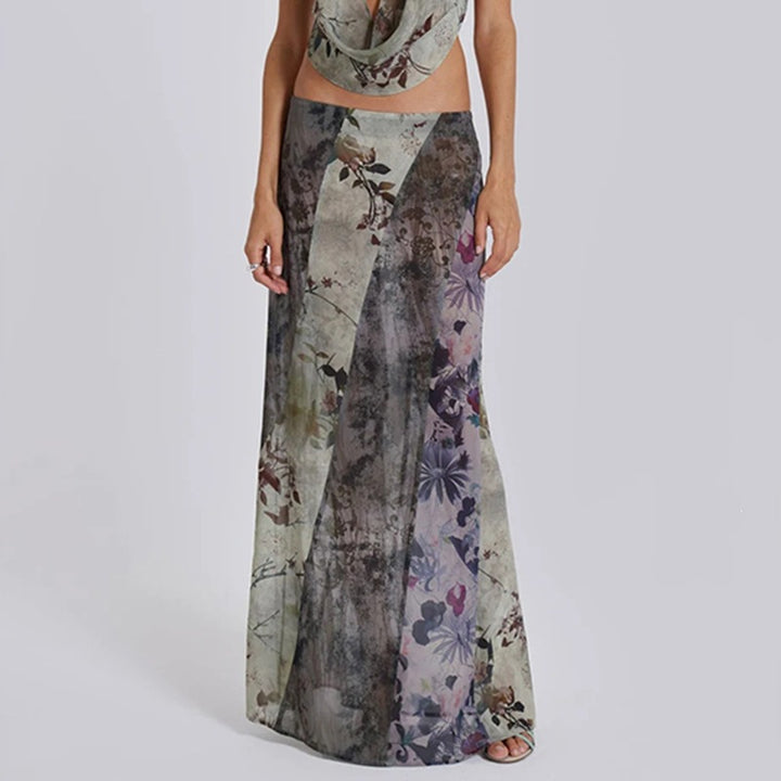 Women's Long Maxi Skirt with Diagonal Patchwork Prints and Slim A-Line Mune Fashion