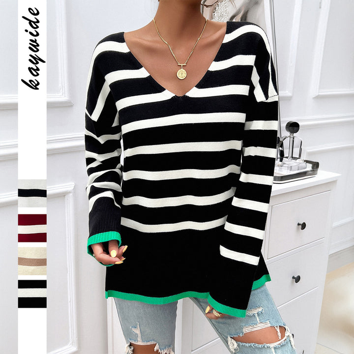 Women's striped V-neck fine knit pullover with extended tunic cut and ribbed hem Mune Fashion