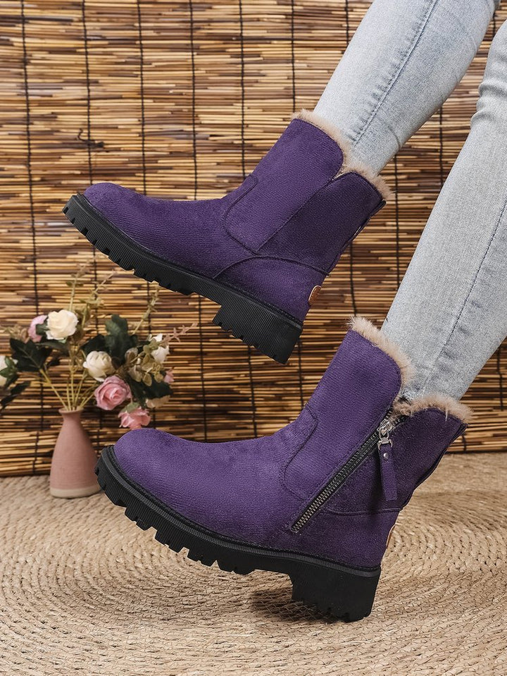 Women Fleece Lined Suede Look Ankle Boots with Teddy Lining, Side Zipper and Profiled Rubber Sole Mune Fashion