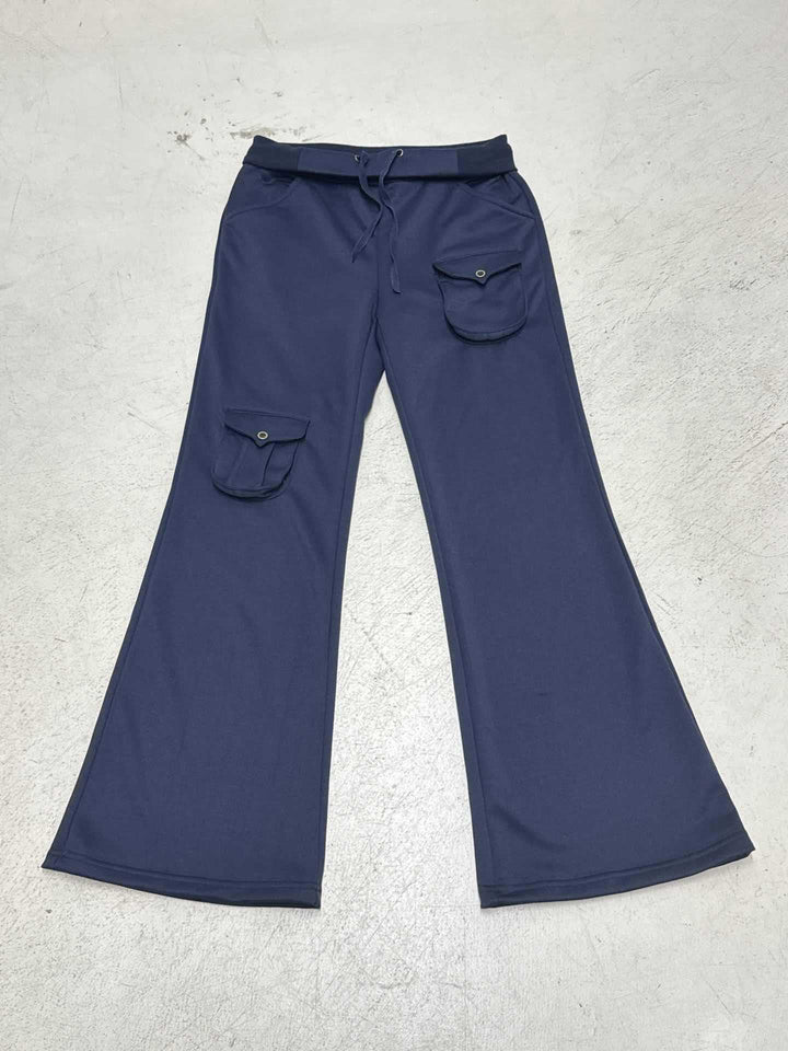 Women's Flared Cargo Jogging Pants with Drawstring and Flap Pockets Mune Fashion