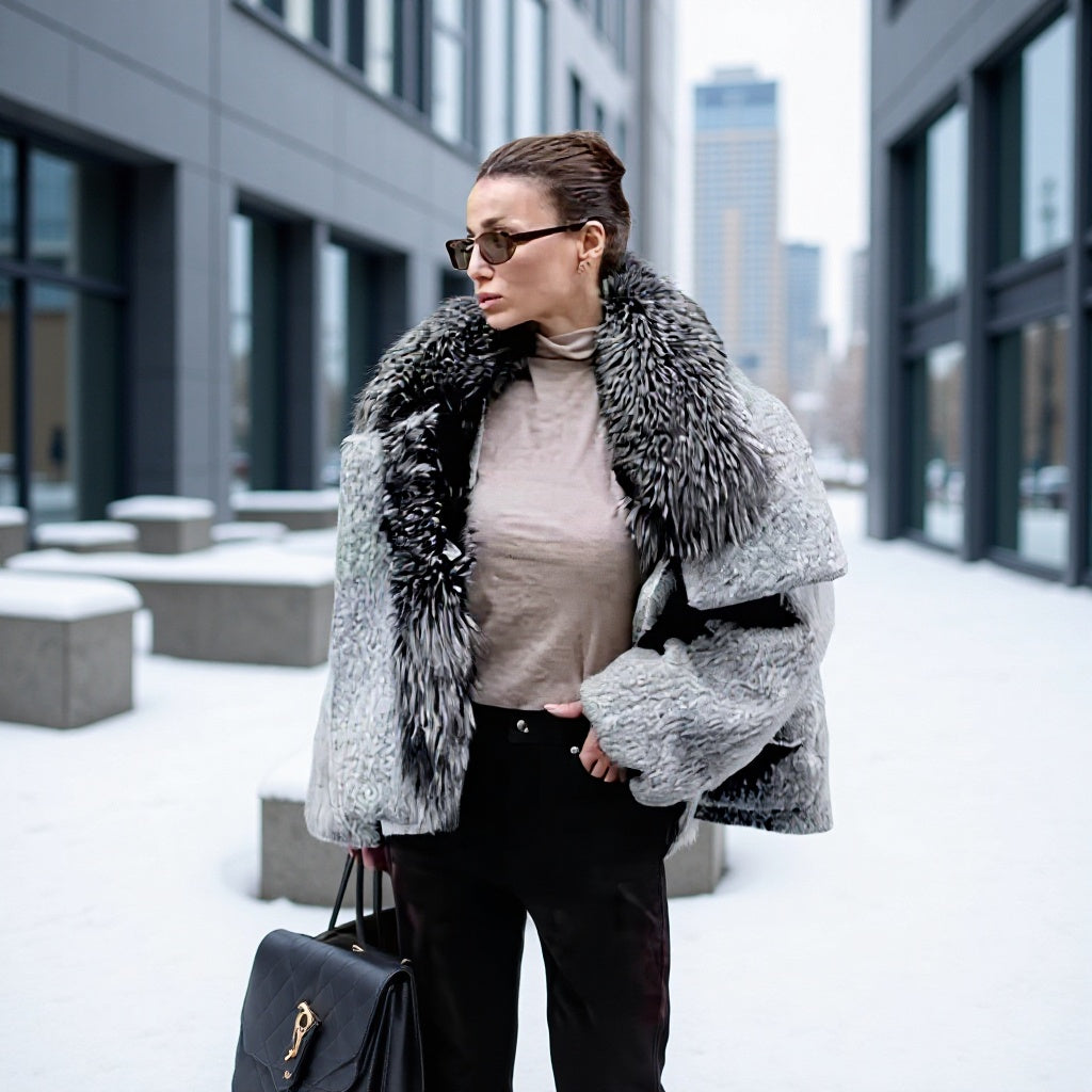Women's short jacket made of faux fur in oversized cut with voluminous faux fur collar Mune Fashion