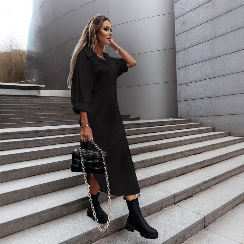 Women's Long Oversized Shirt Dress with Continuous Button Placket, Cuffed Sleeves and Deep Side Slit Mune Fashion