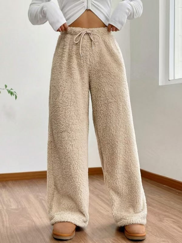 Women's high-waisted teddy fleece lounge pants with wide leg, drawstring, and side pockets Mune Fashion