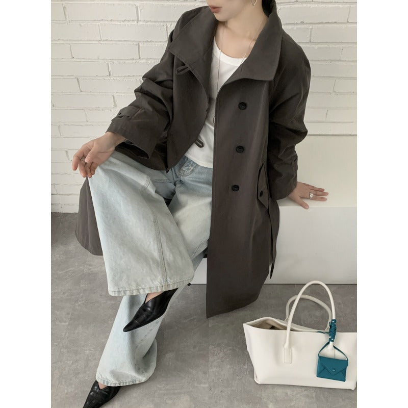 Women Mid-length Trench Coat with High Stand Collar, Tie Belt and Casual Oversize Silhouette Mune Fashion