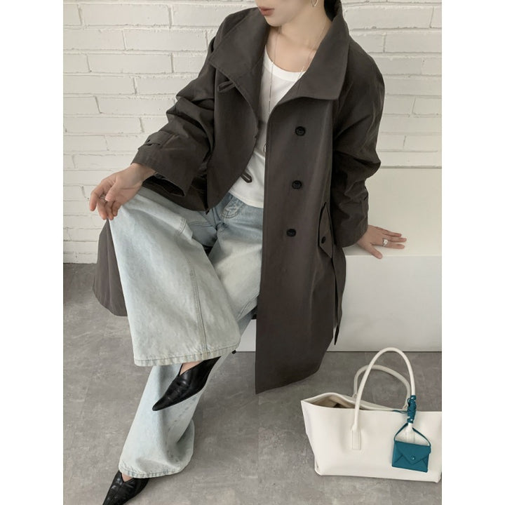 Women Mid-length Trench Coat with High Stand Collar, Tie Belt and Casual Oversize Silhouette Mune Fashion