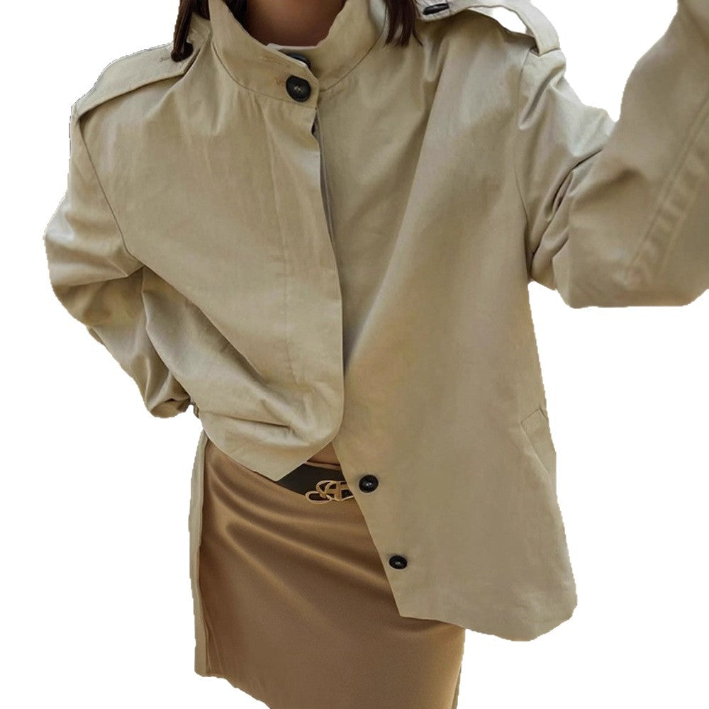 Women's Short Blouse-Trench with Stand-up Collar, Shoulder Patches and Balloon Sleeves Mune Fashion