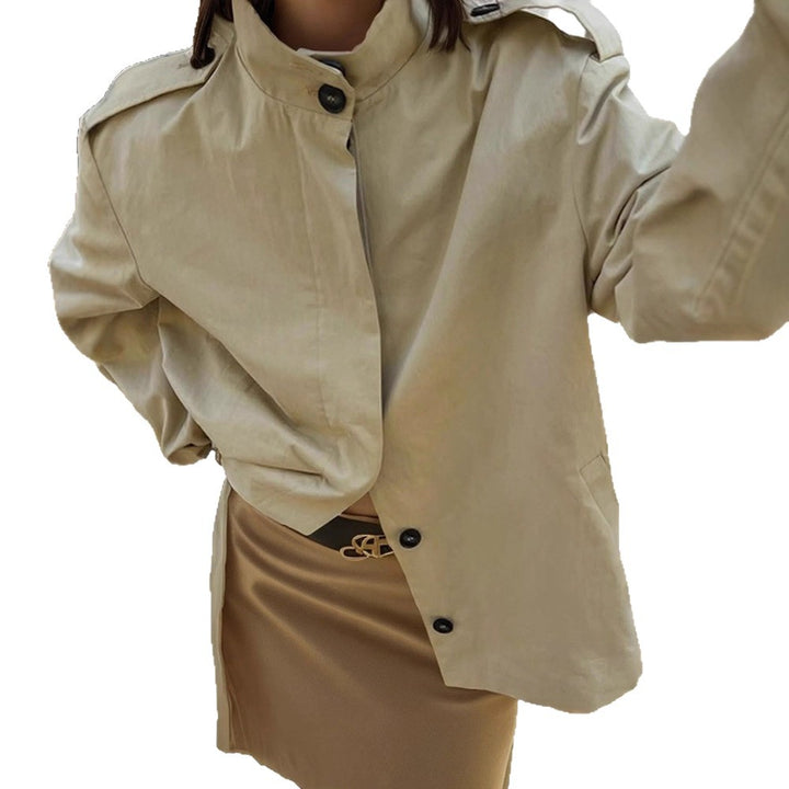 Women's Short Blouse-Trench with Stand-up Collar, Shoulder Patches and Balloon Sleeves Mune Fashion