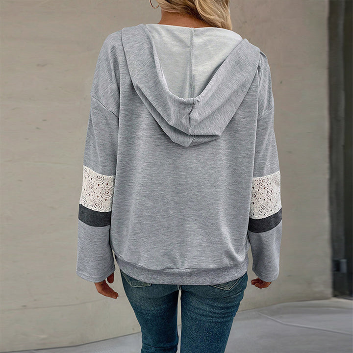 Women's V-neck hoodie sweatshirt with lace trim on the sleeves and kangaroo pocket Mune Fashion