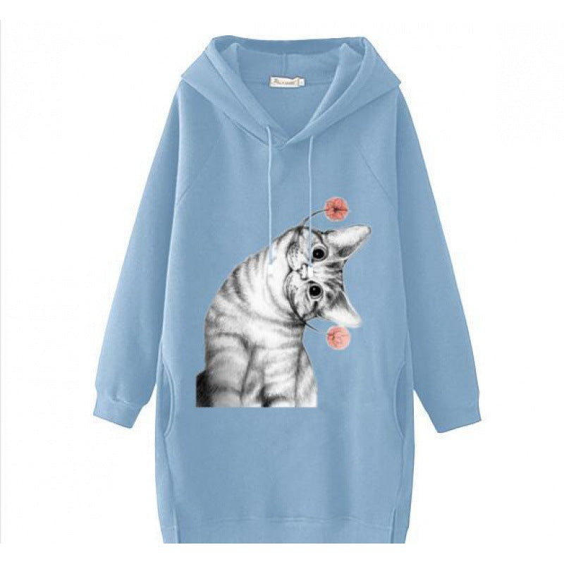 Ladies Oversize Hooded Dress made of Sweat Fabric with Large Cat Print and Side Pockets Mune Fashion