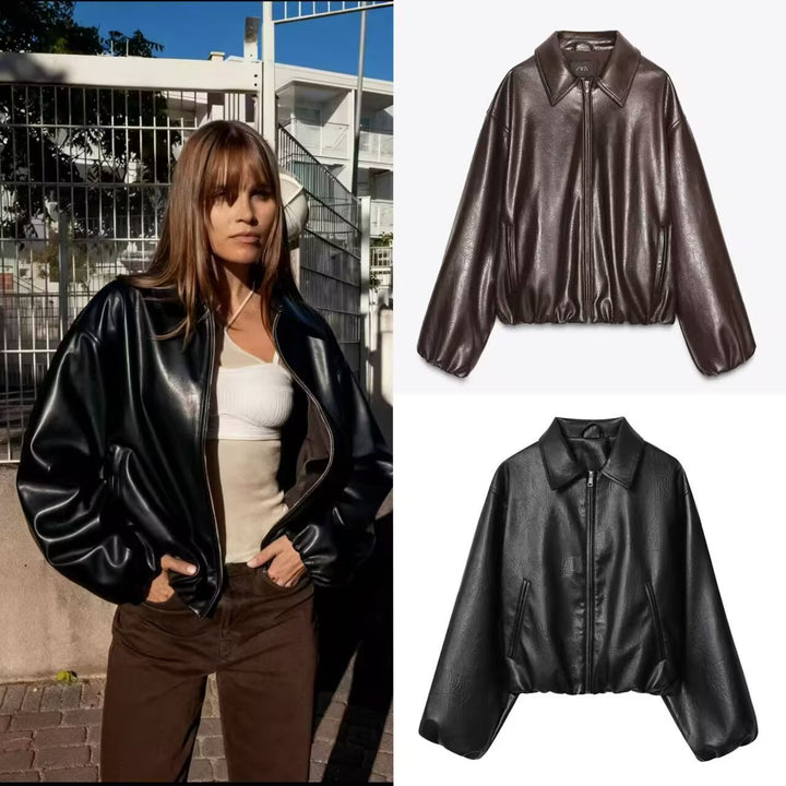 Women Oversize Faux Leather Blouson with Zipper and Elastic Hem Mune Fashion
