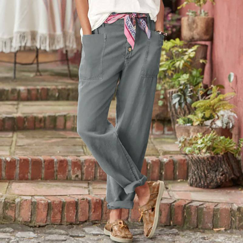 Women's linen-cotton lounge pants with wide cut, high waistband, and patch pockets Mune Fashion