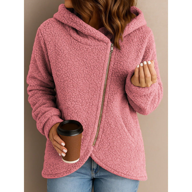 Women's teddy fleece jacket with asymmetrical zipper, hood and curved hem Mune Fashion