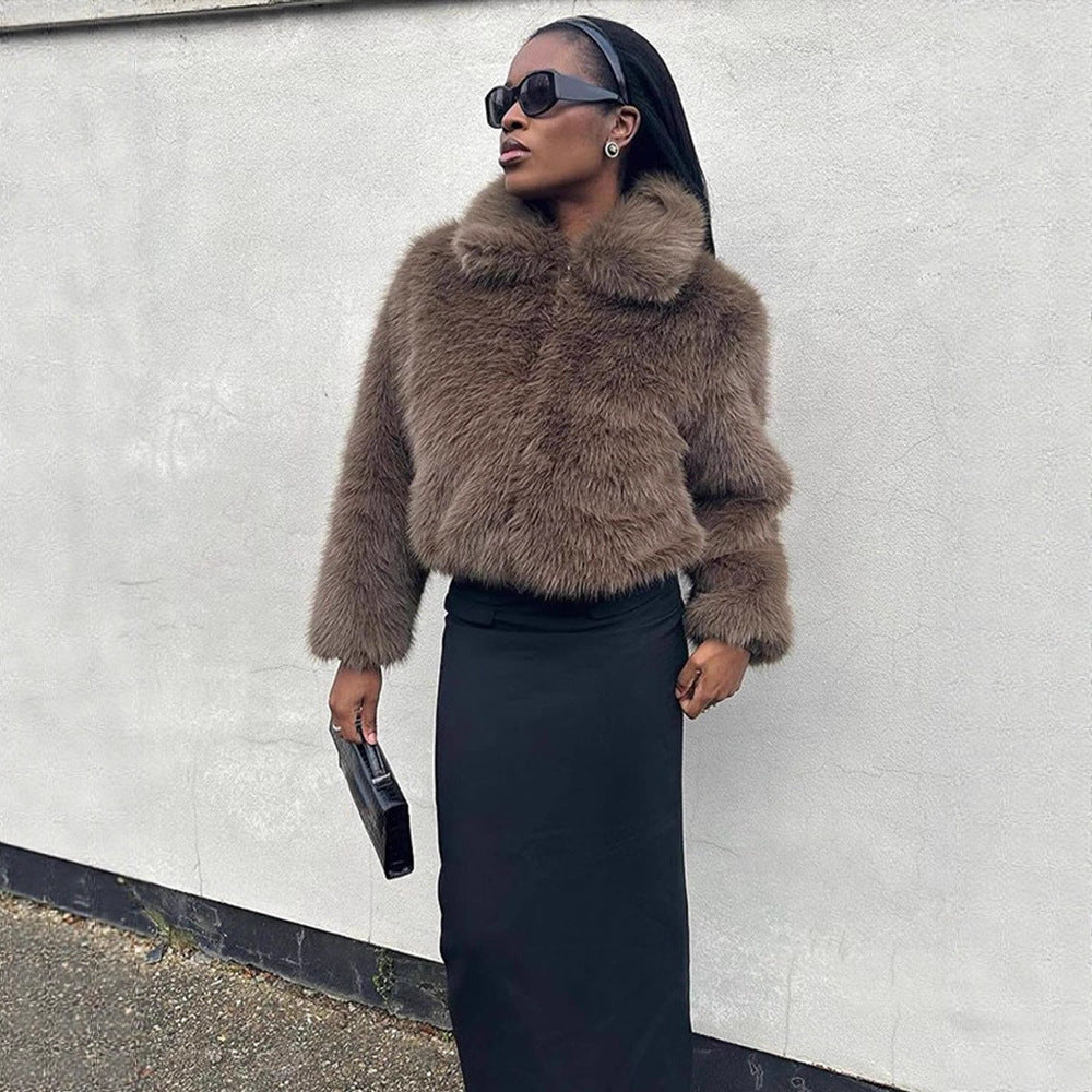 Women Short Boxy Faux Fur Blouson with Voluminous Shawl Collar and Lined Interior Mune Fashion
