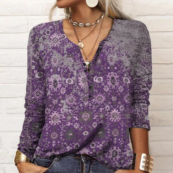 Women Loose Long Sleeve Henley Shirt with V-Neck, Button Placket and Ombre Print Mune Fashion