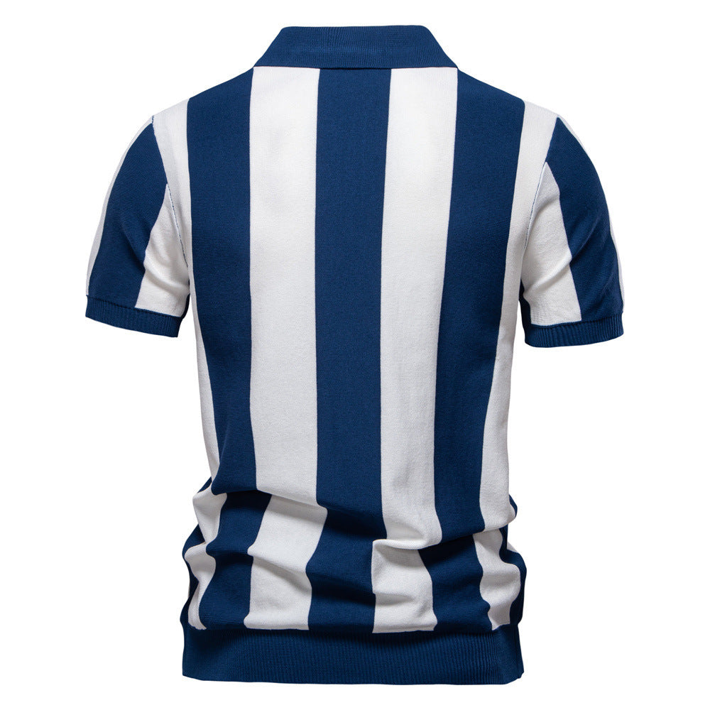 Men's short-sleeved fine knit half-zip polo with distinctive block stripes and Kent collar Mune Fashion