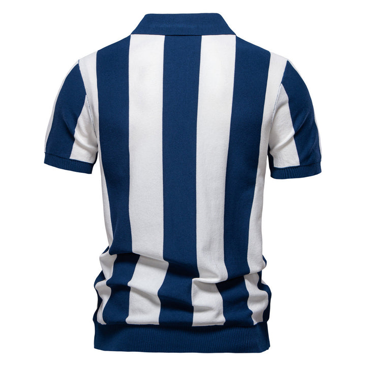 Men's short-sleeved fine knit half-zip polo with distinctive block stripes and Kent collar Mune Fashion