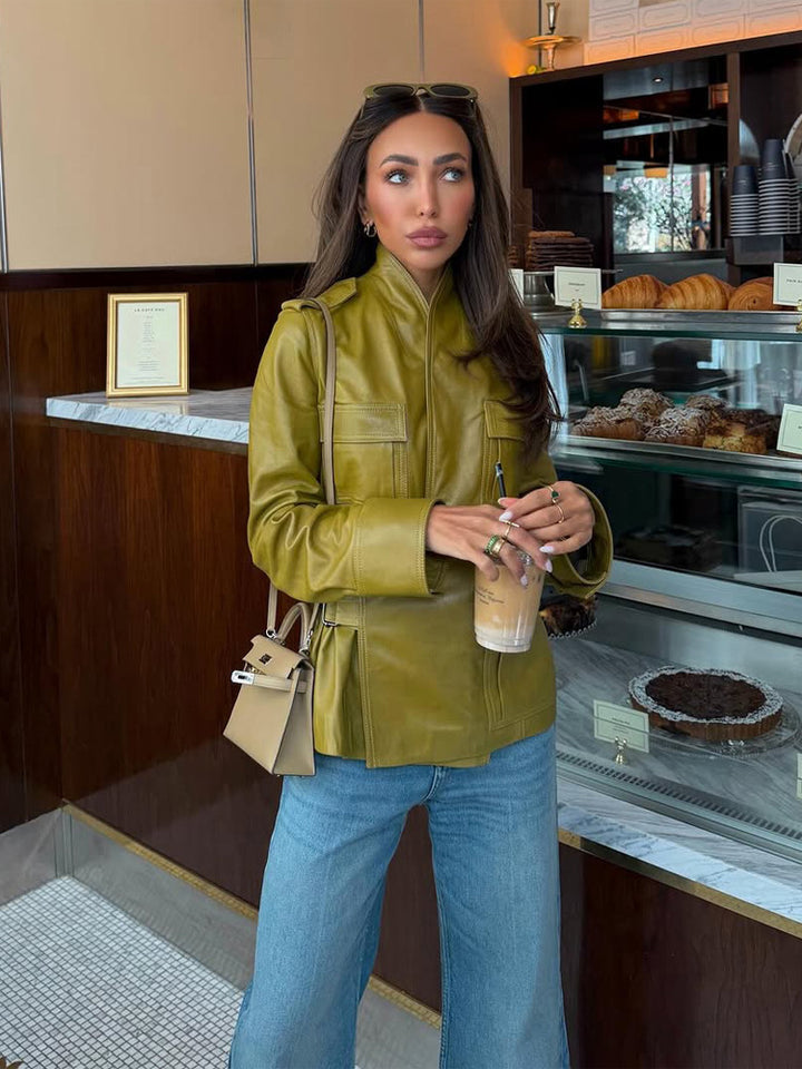 Women's Faux Leather Utility Jacket with Stand-up Collar, Chest Pockets & Concealed Zipper Mune Fashion
