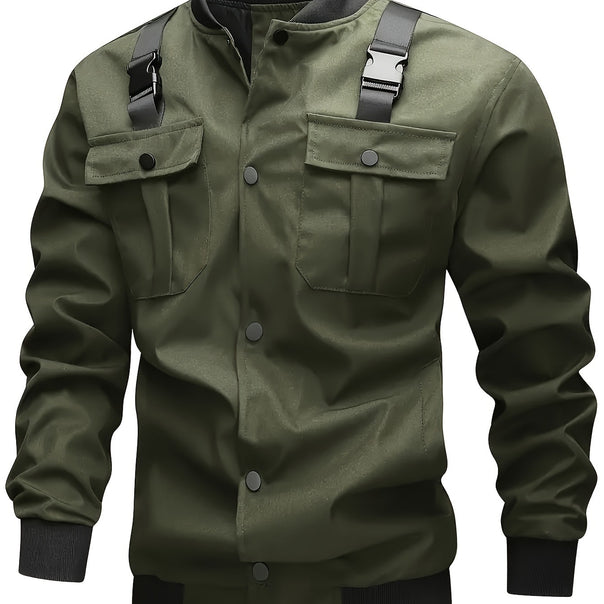 Men's Camouflage Utility-Style Bomber Jacket with Chest Pockets, Shoulder Straps, and Ribbed Cuffs Mune Fashion