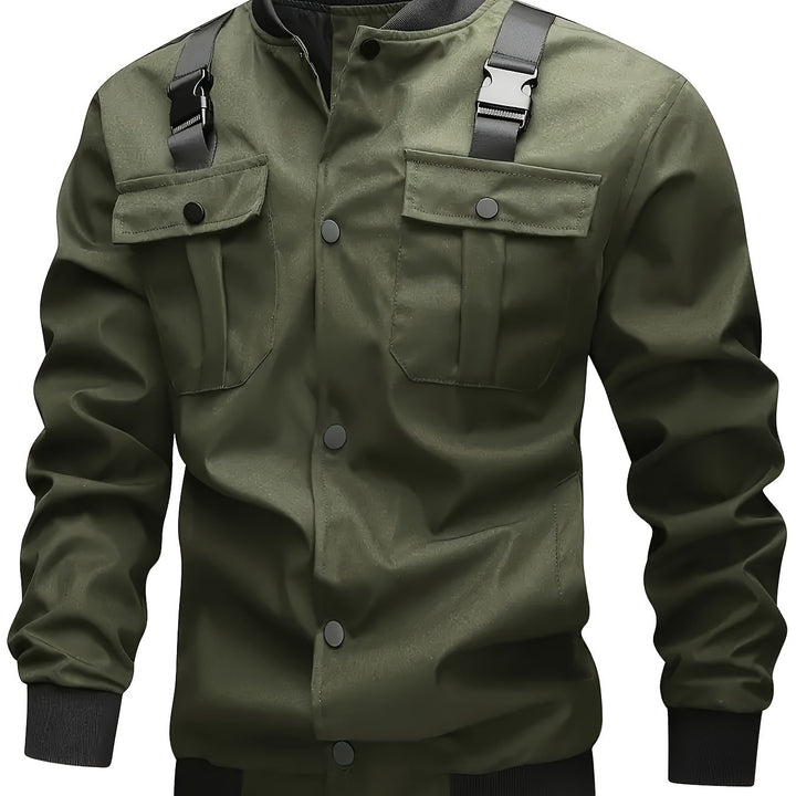 Men's Camouflage Utility-Style Bomber Jacket with Chest Pockets, Shoulder Straps, and Ribbed Cuffs Mune Fashion