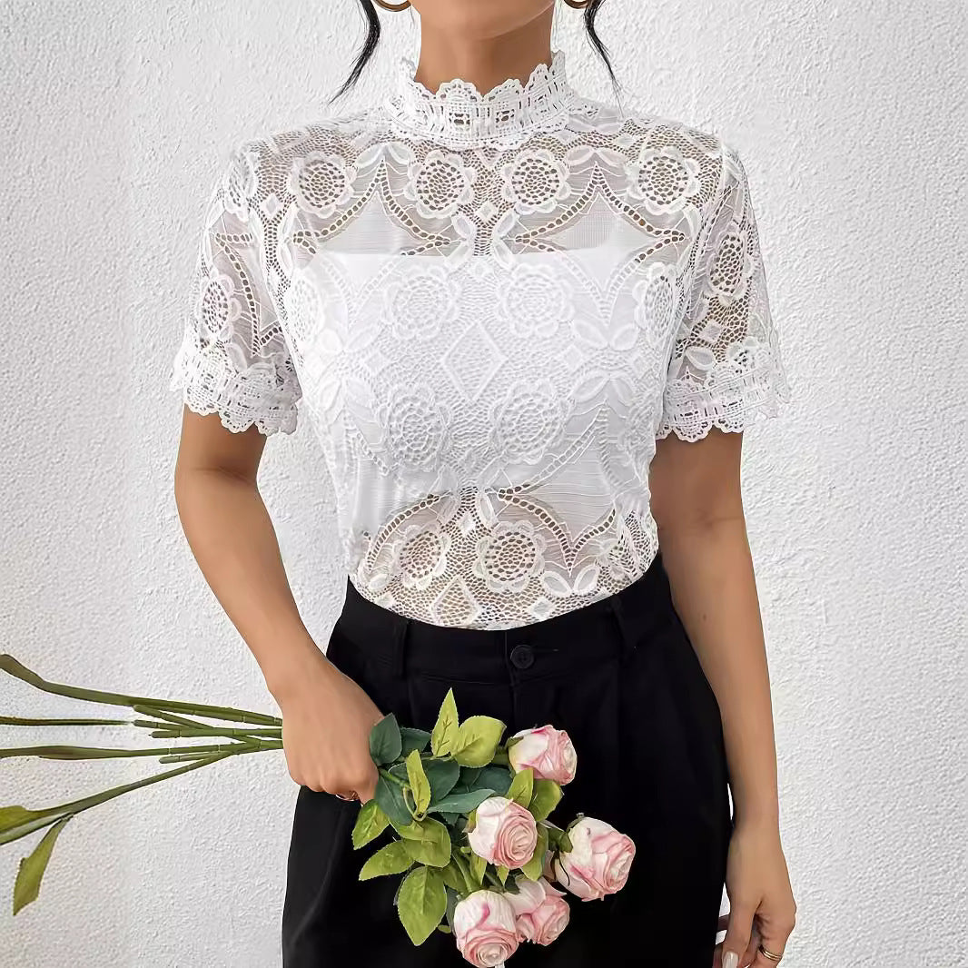 Ladies nan semi-transparent lace top with high ruffle collar and opaque bust part Mune Fashion