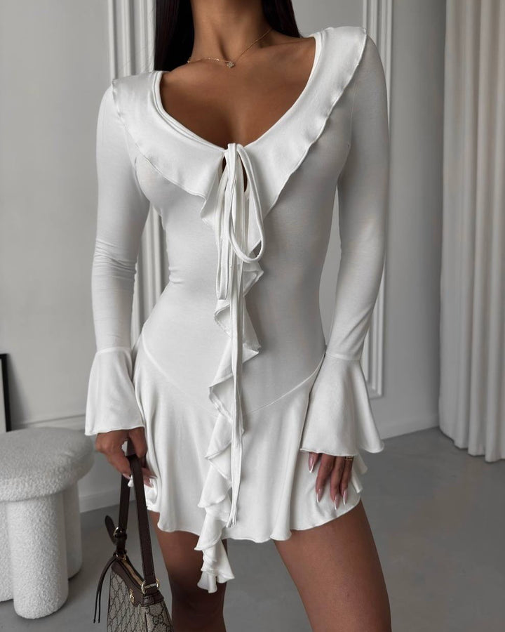 Women's Figure-Hugging Ruffled Mini Dress with V-Neck, Tie Band and Bell Sleeves Mune Fashion