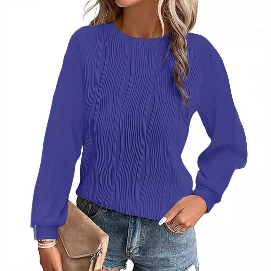 Women Pleated Fine Knit Long Sleeve with Round Neck Mune Fashion