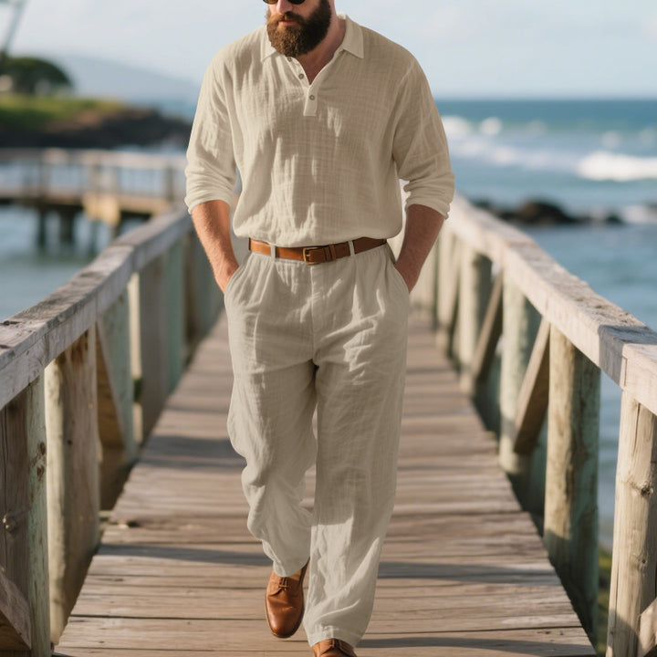 Men's airy linen two-piece set with V-neck shirt and loose pleated trousers Mune Fashion