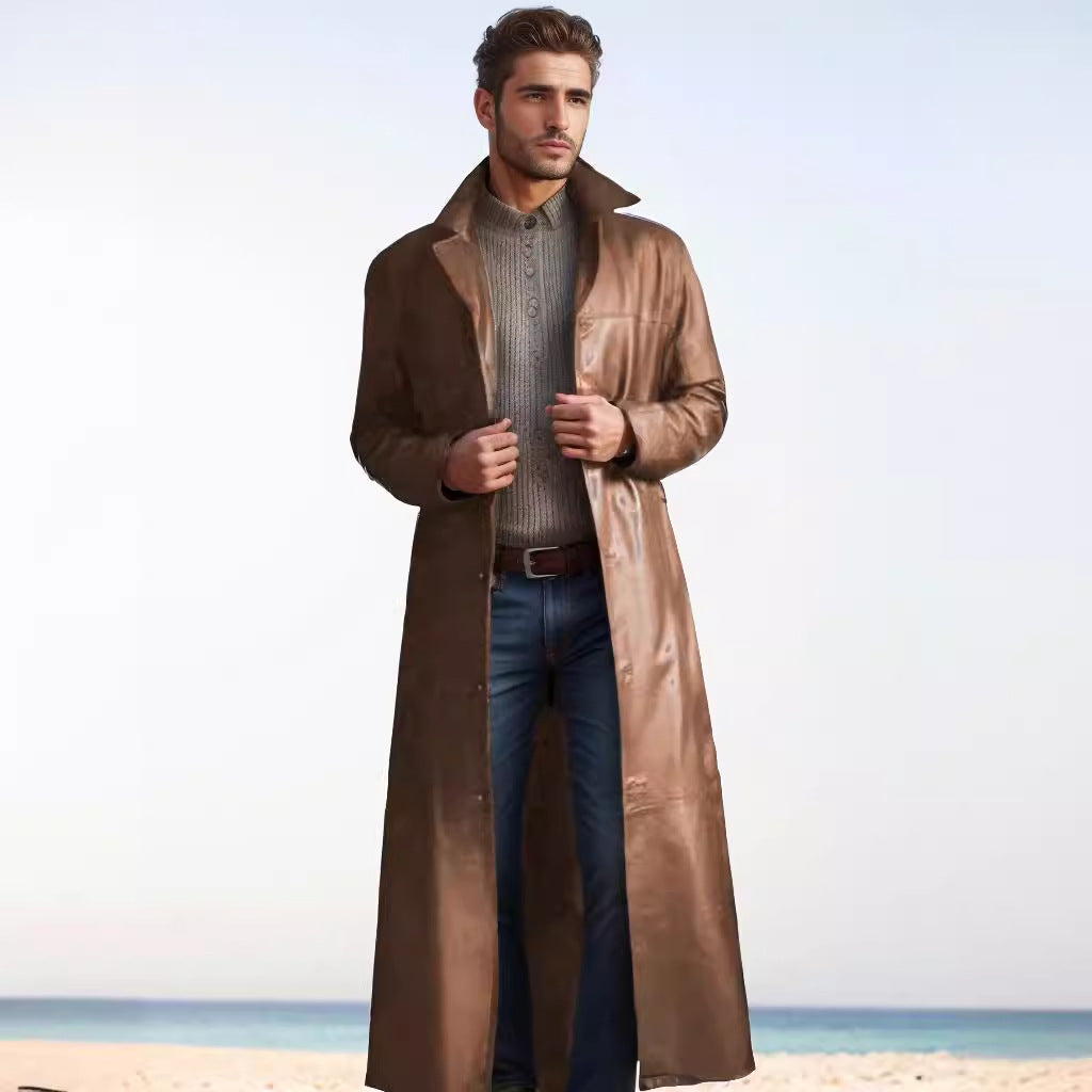 Men's Long Leather Coat in Trench Style with Slim Silhouette and Stand Collar Mune Fashion