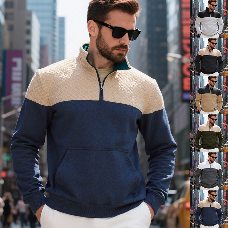 Men's quilted half-zip sweater with kangaroo pocket and stand-up collar Mune Fashion