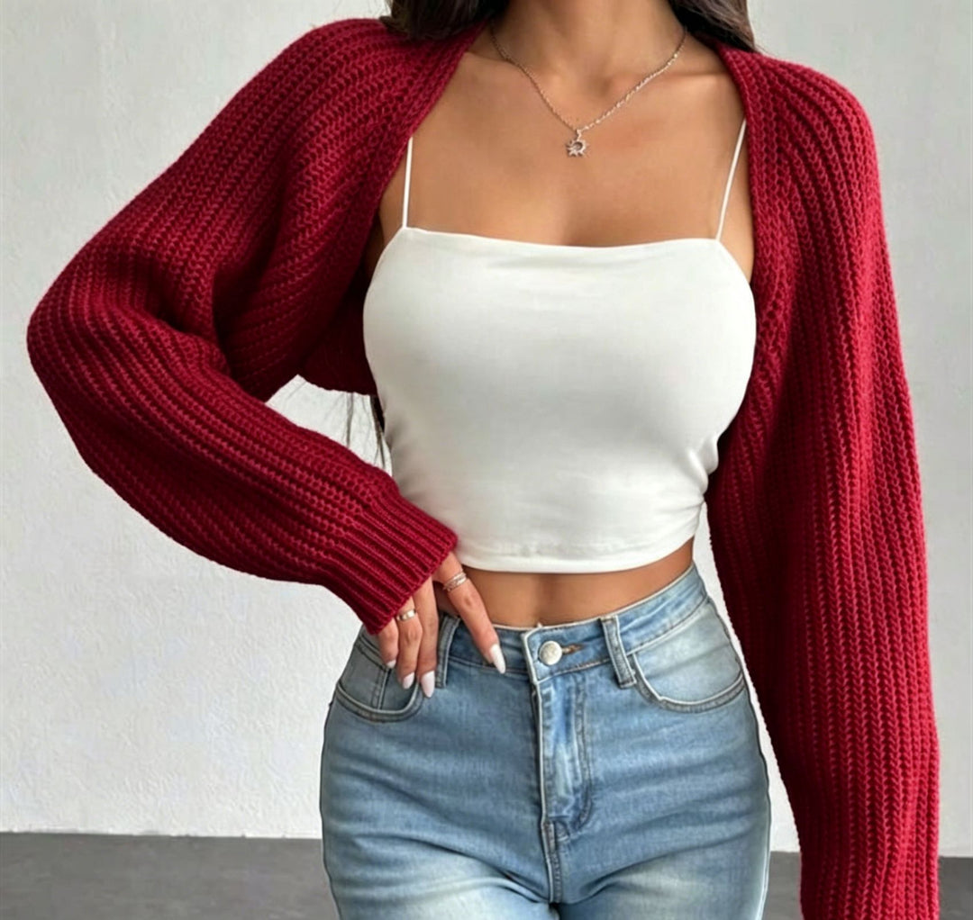 Women's short bolero made of coarse ribbed knit with oversized sleeves Mune Fashion