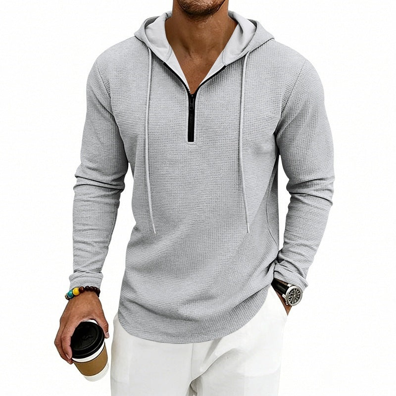 Men's Casual Waffle Fabric Hoodie with Half Zipper and Hood Mune Fashion