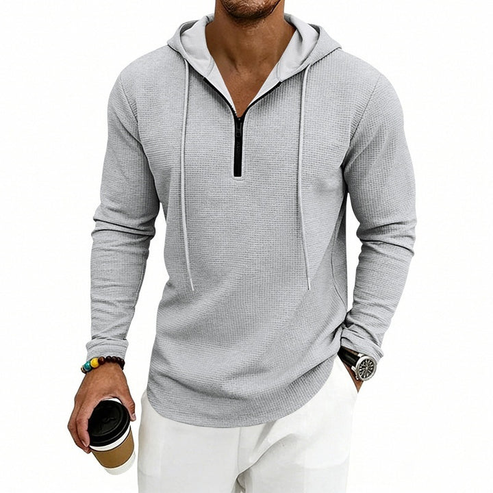 Men's Casual Waffle Fabric Hoodie with Half Zipper and Hood Mune Fashion