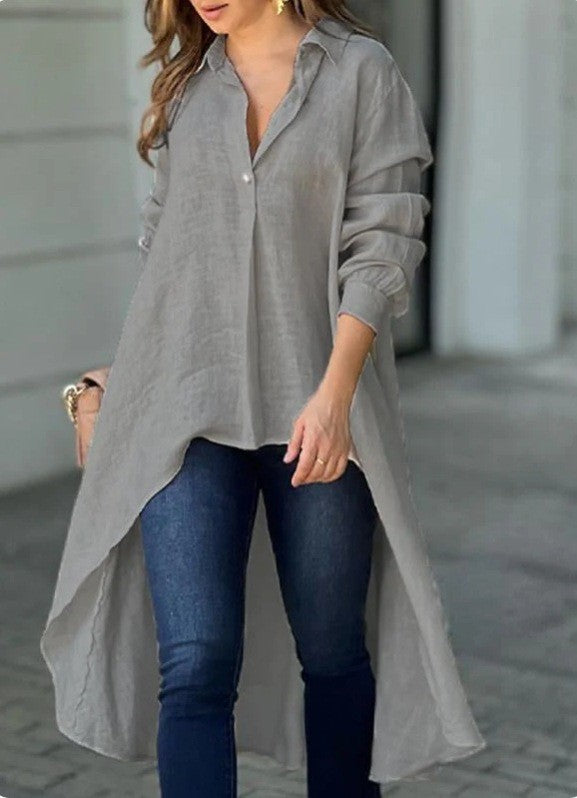 Women Lightweight Linen Tunic Blouse with Asymmetric High-Low Tail and Shirt Collar Mune Fashion