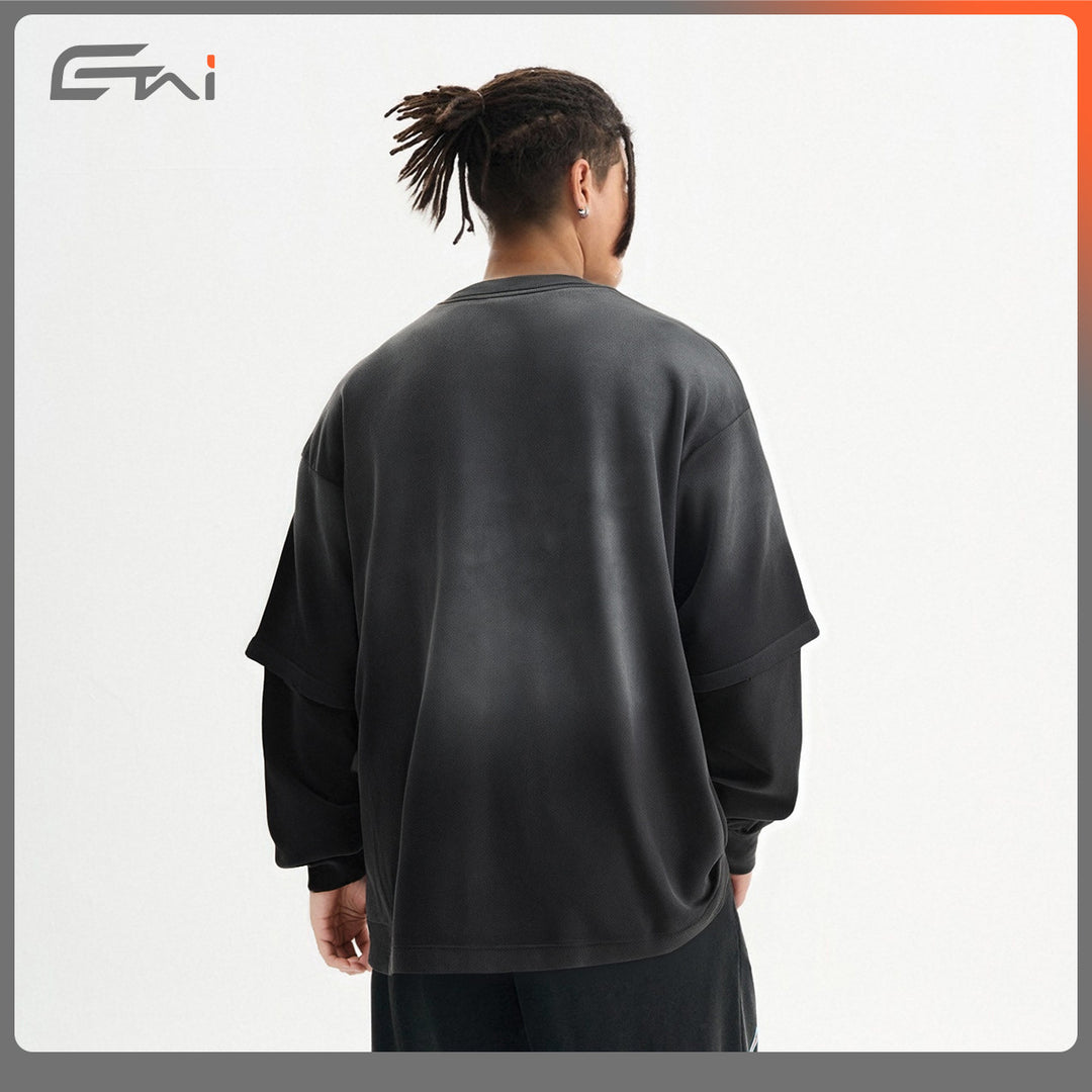 Men's Layered Long Sleeve Shirt with Double Layer Sleeves, Washed Vintage Wash and Subtle Fraying Mune Fashion
